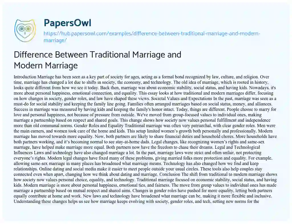 Essay on Difference Between Traditional Marriage and Modern Marriage