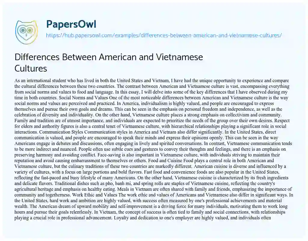 Essay on Differences Between American and Vietnamese Cultures