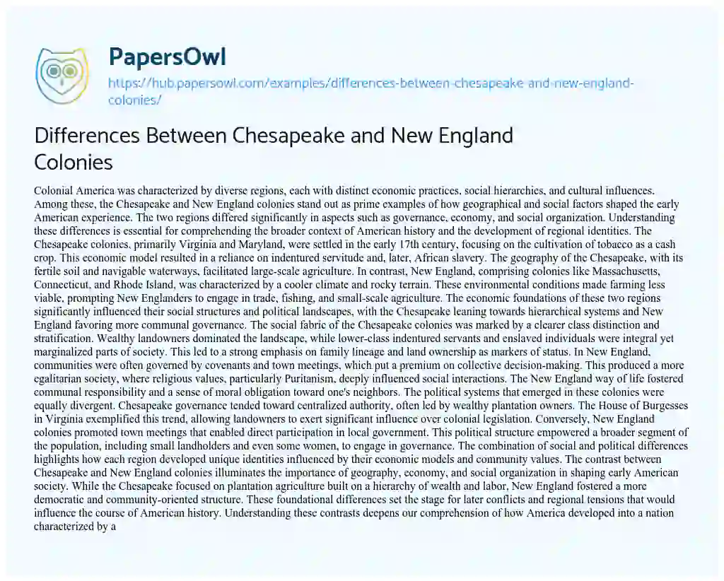 Essay on Differences Between Chesapeake and New England Colonies