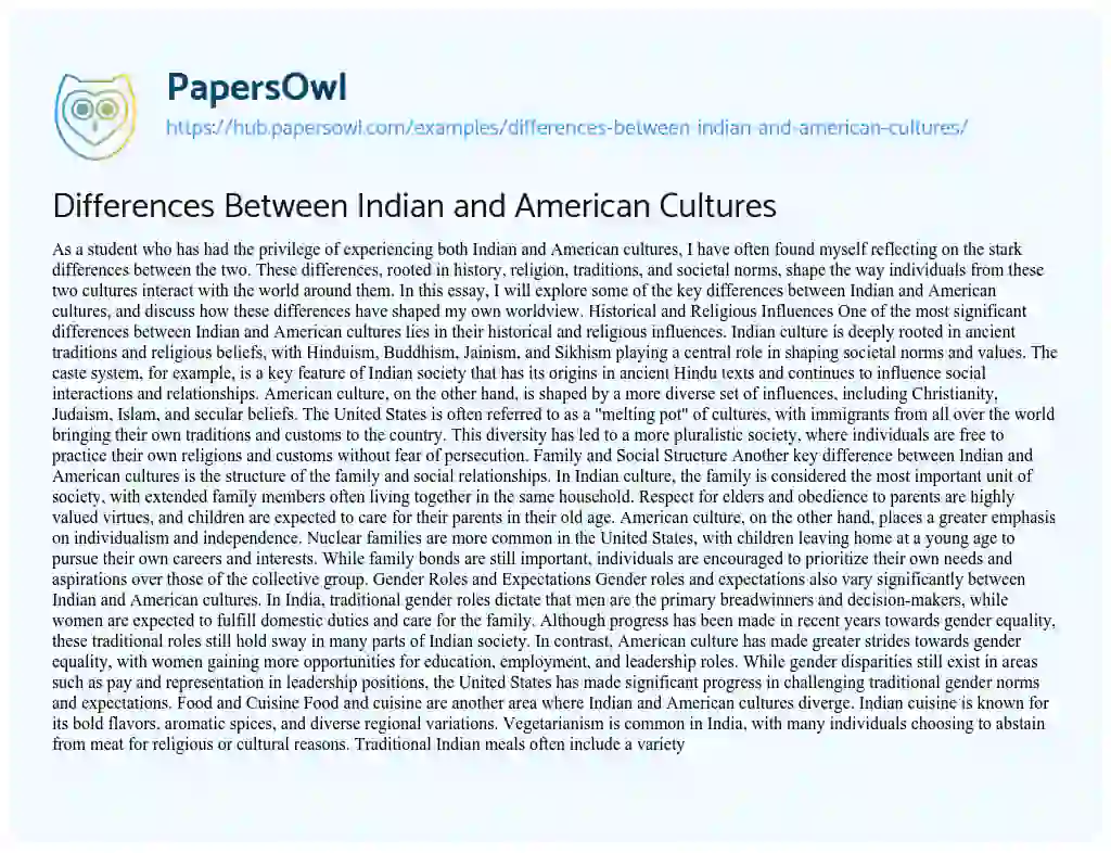 Essay on Differences Between Indian and American Cultures