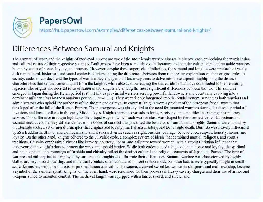 Essay on Differences Between Samurai and Knights