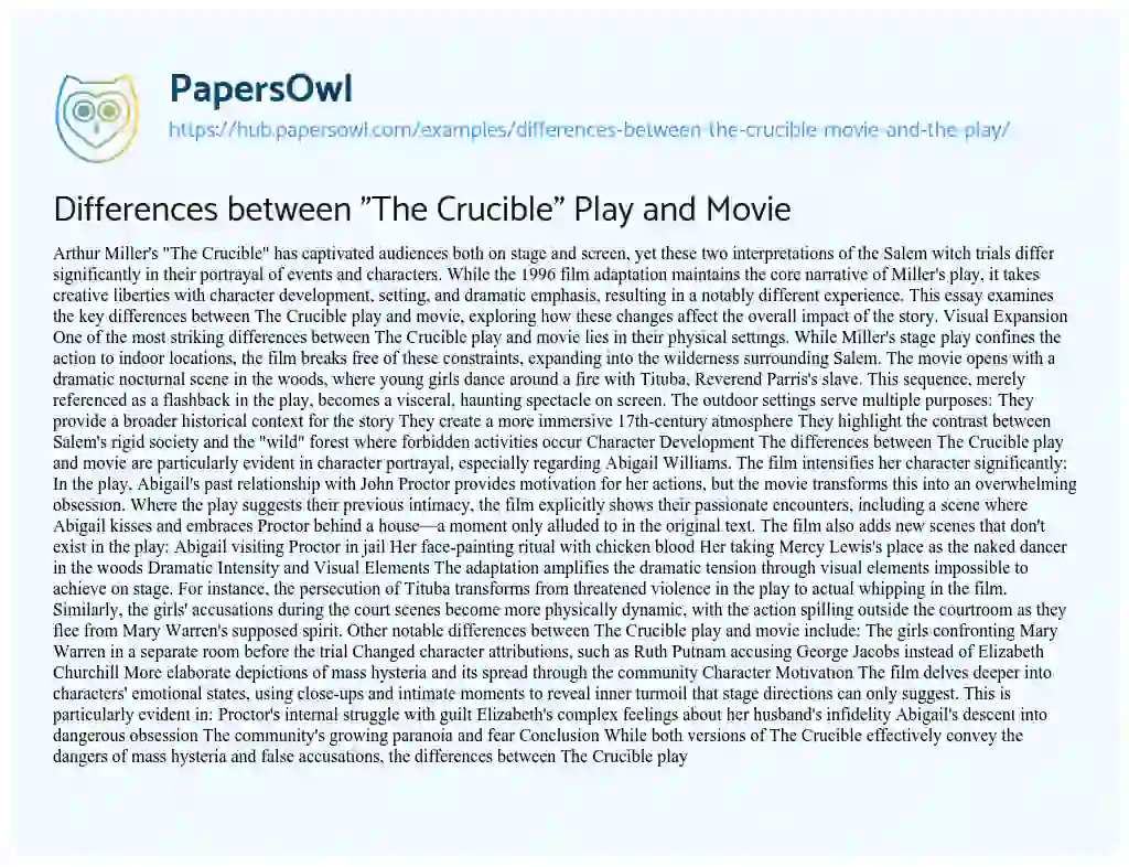 Essay on Differences between “The Crucible” Play and Movie