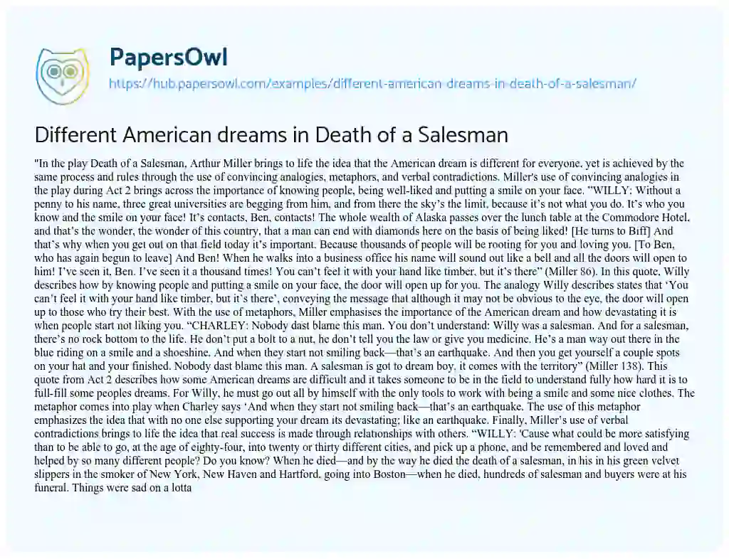 Essay on Different American dreams in Death of a Salesman