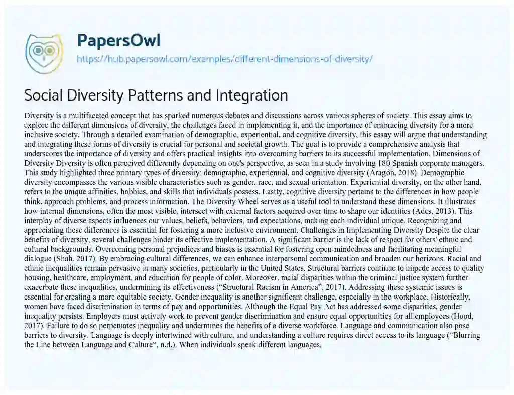 Essay on Social Diversity Patterns and Integration