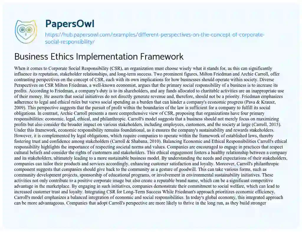 Essay on Business Ethics Implementation Framework