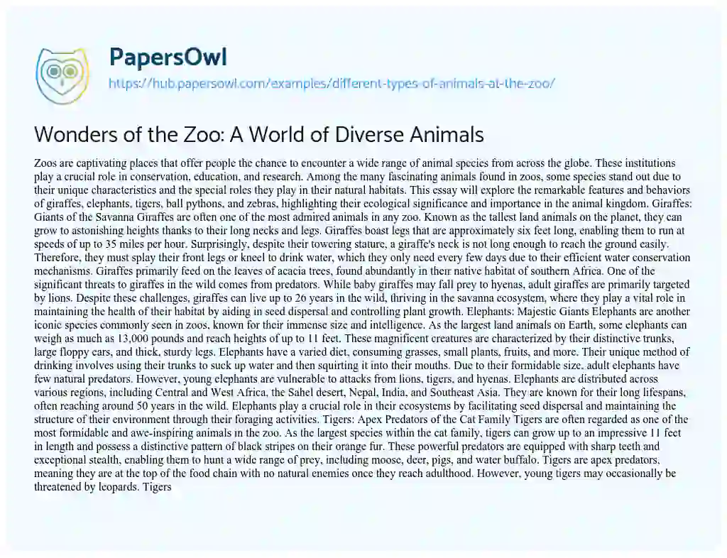 Essay on Wonders of the Zoo: A World of Diverse Animals