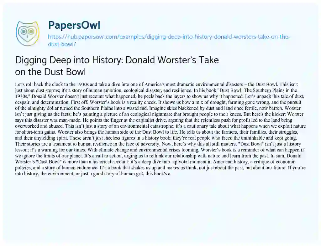 Essay on Digging Deep into History: Donald Worster’s Take on the Dust Bowl