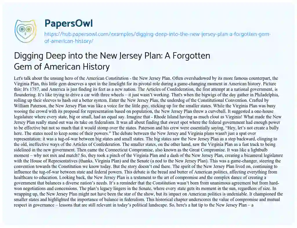 Essay on Digging Deep into the New Jersey Plan: A Forgotten Gem of American History