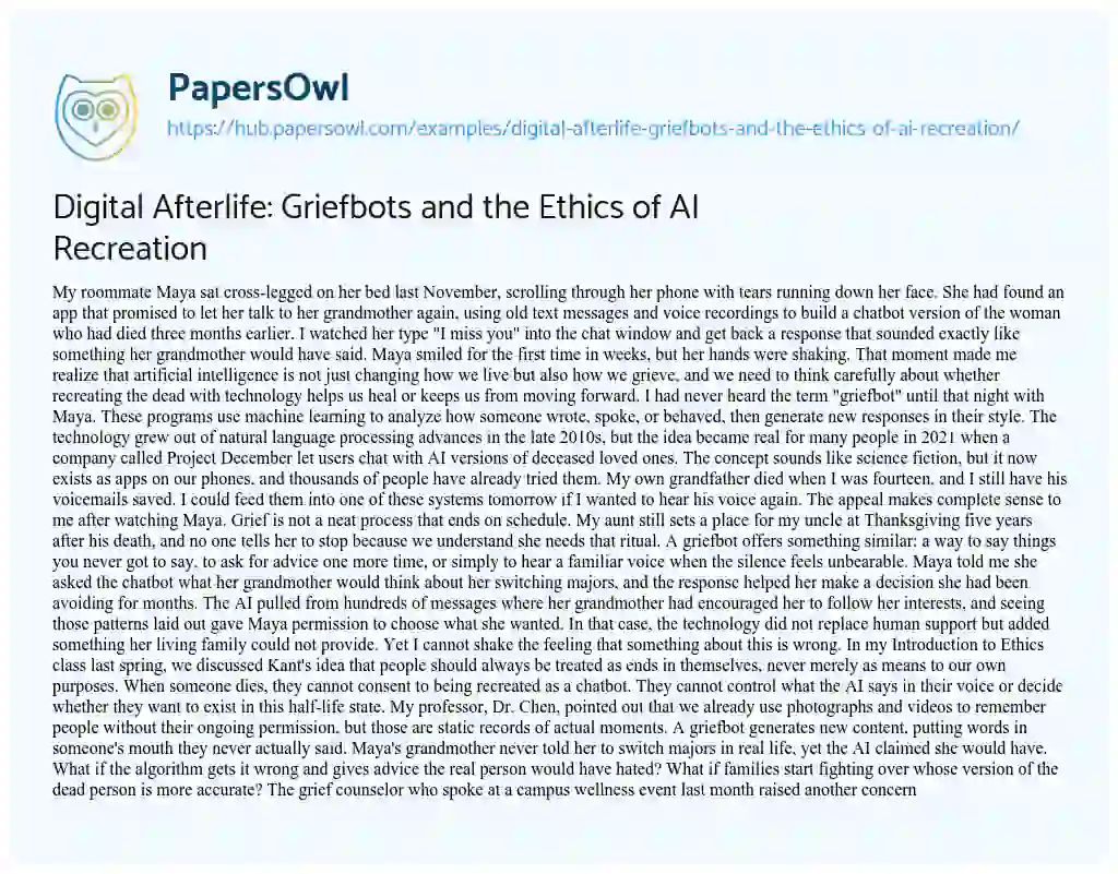 Essay on Digital Afterlife: Griefbots and the Ethics of AI Recreation