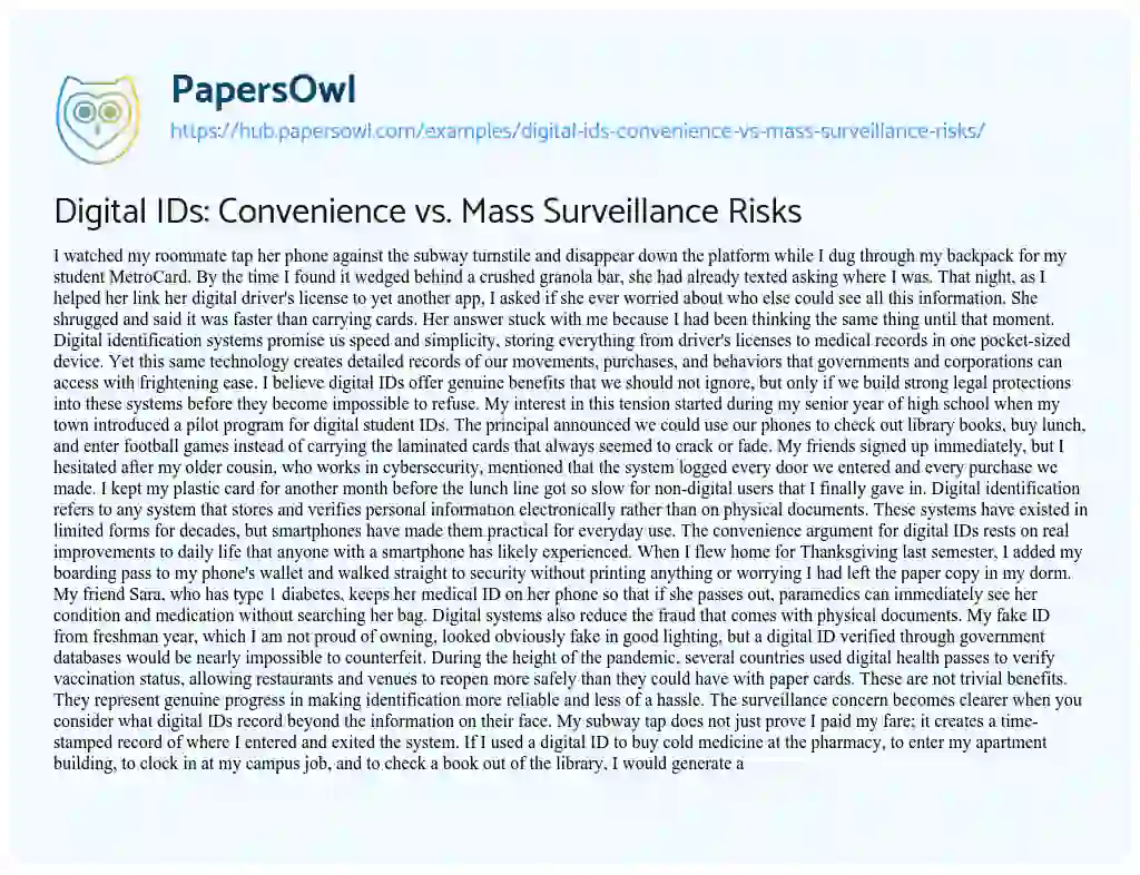 Essay on Digital IDs: Convenience vs. Mass Surveillance Risks