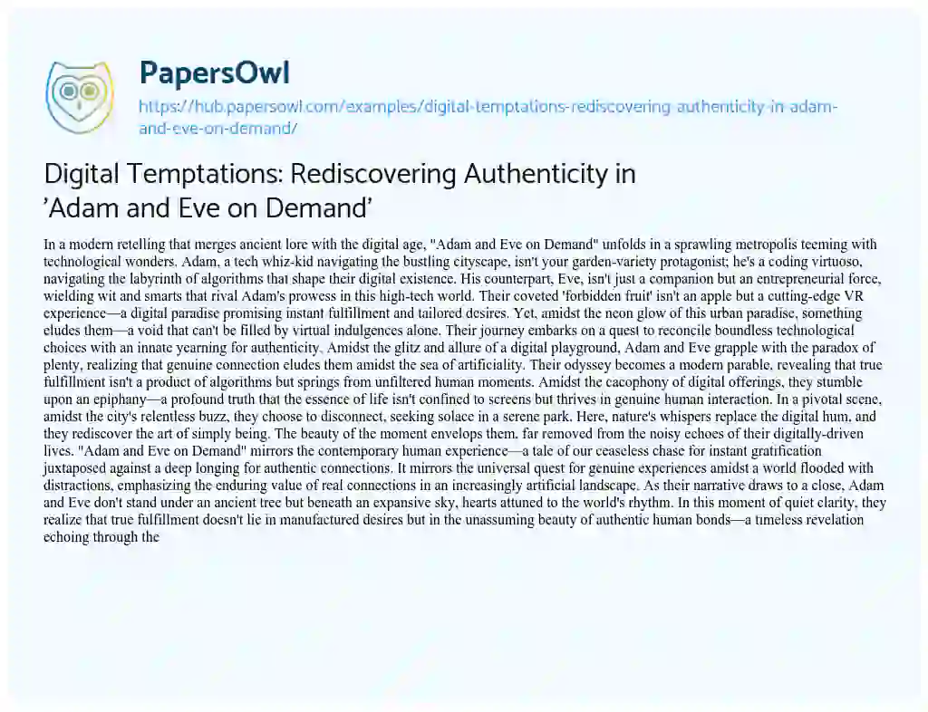 Essay on Digital Temptations: Rediscovering Authenticity in ‘Adam and Eve on Demand’