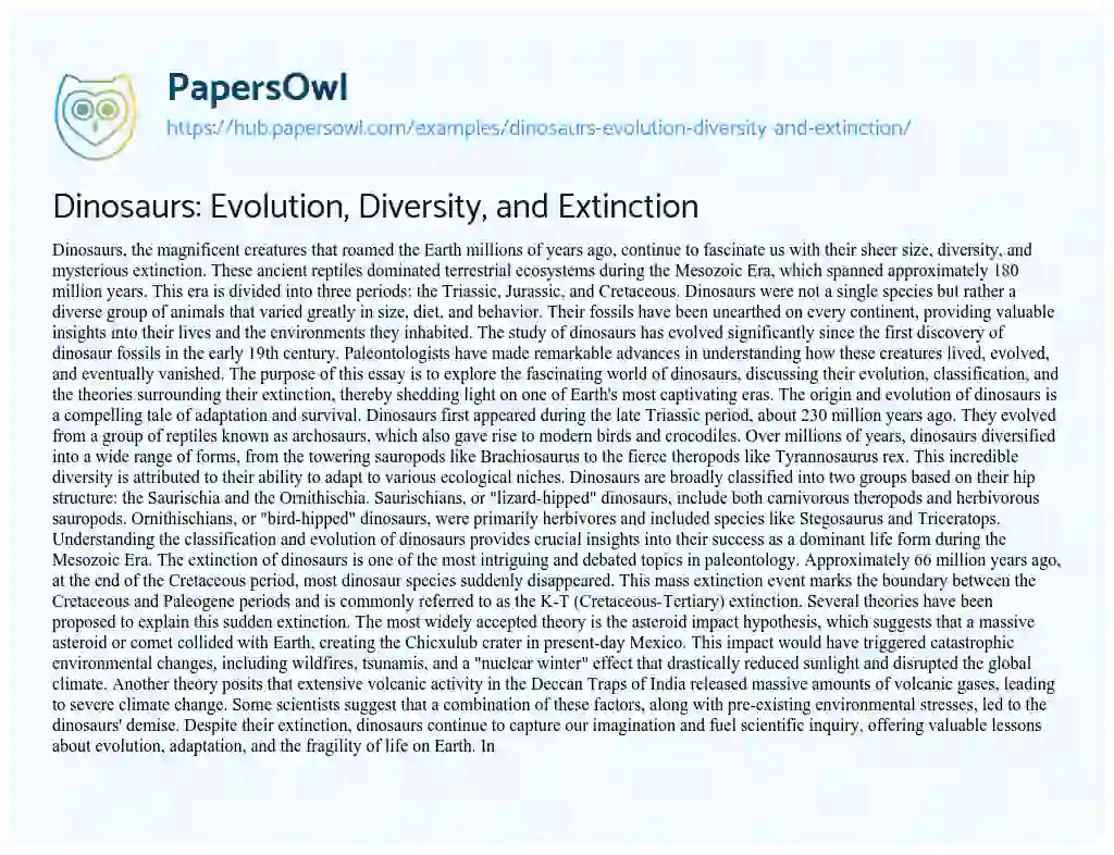 Essay on Dinosaurs: Evolution, Diversity, and Extinction