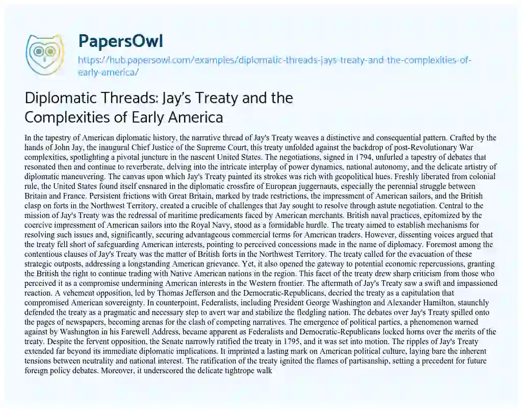 Essay on Diplomatic Threads: Jay’s Treaty and the Complexities of Early America