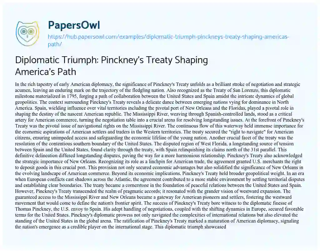 Essay on Diplomatic Triumph: Pinckney’s Treaty Shaping America’s Path