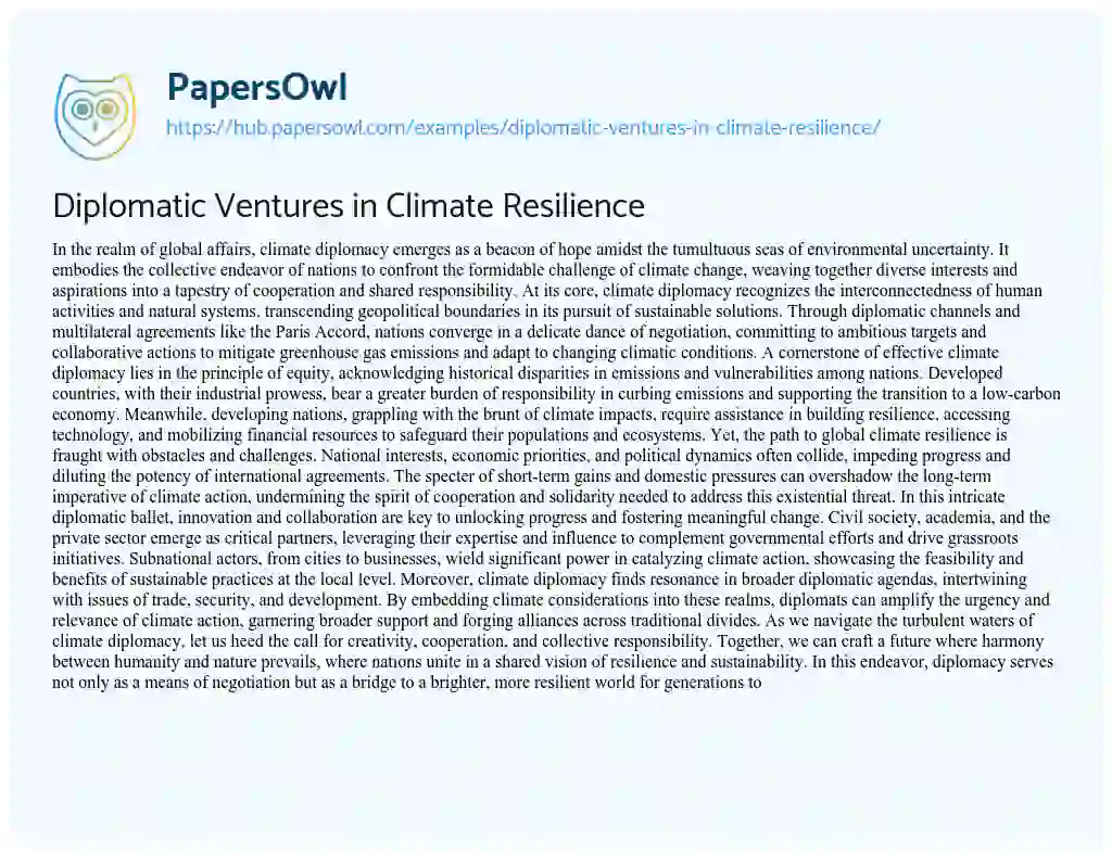 Essay on Diplomatic Ventures in Climate Resilience