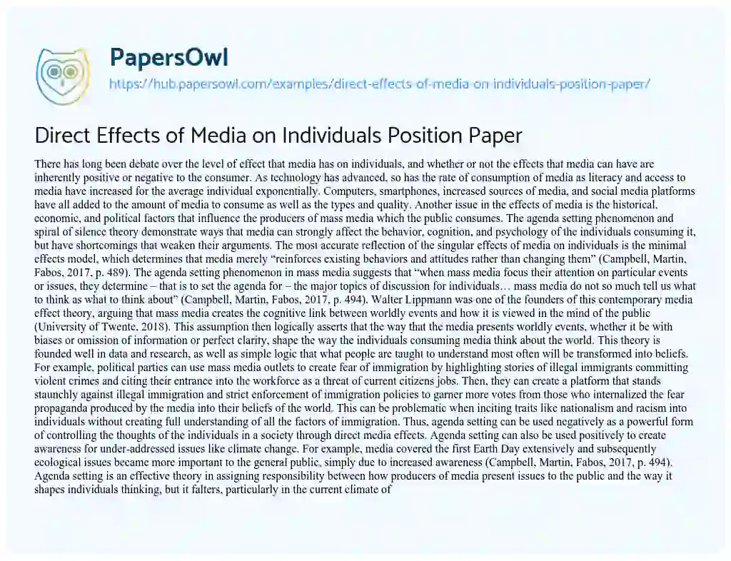 Essay on Direct Effects of Media on Individuals Position Paper