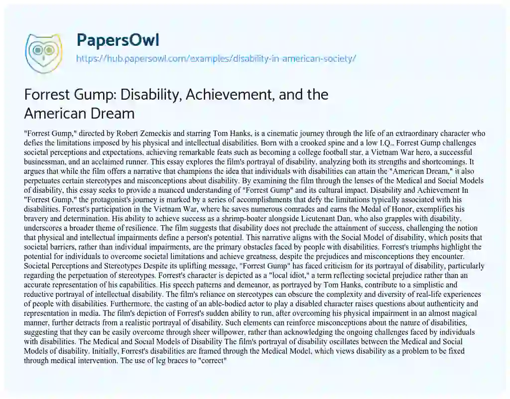Essay on Forrest Gump: Disability, Achievement, and the American Dream