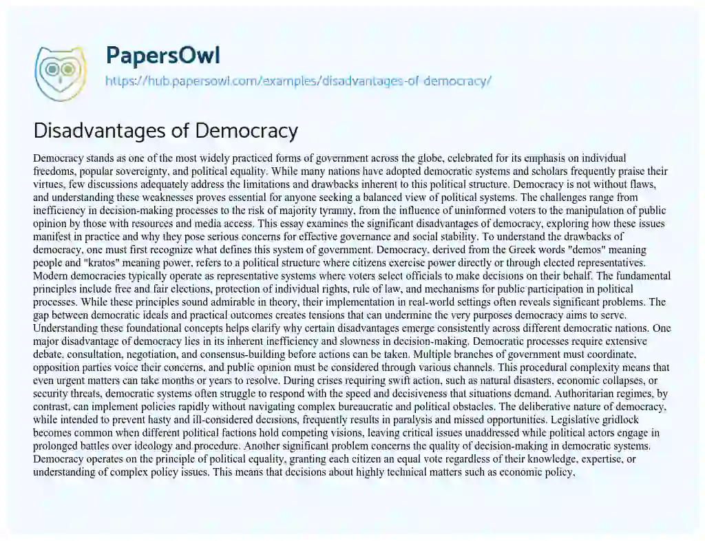 Essay on Disadvantages of Democracy