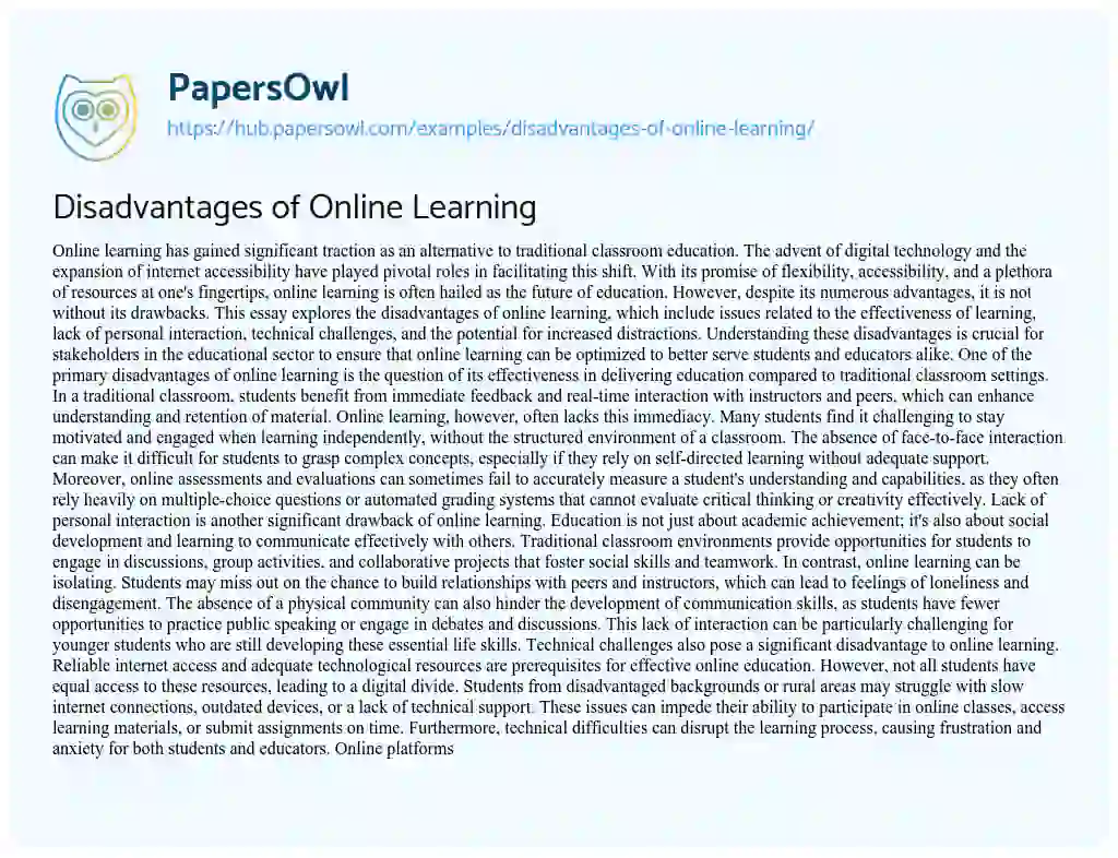 Essay on Disadvantages of Online Learning