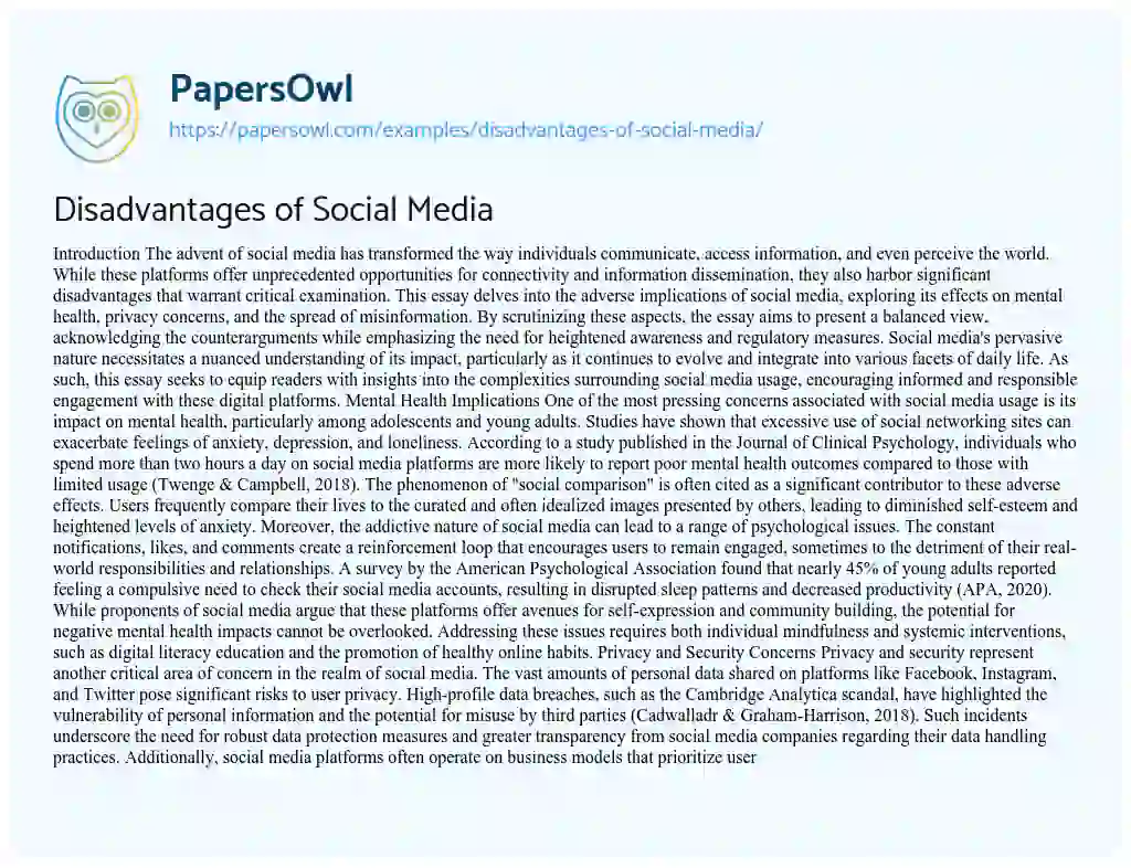Essay on Disadvantages of Social Media