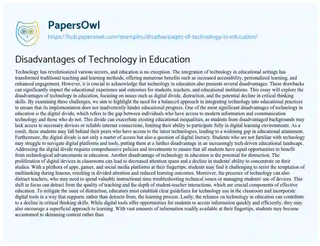 Essay on Disadvantages of Technology in Education