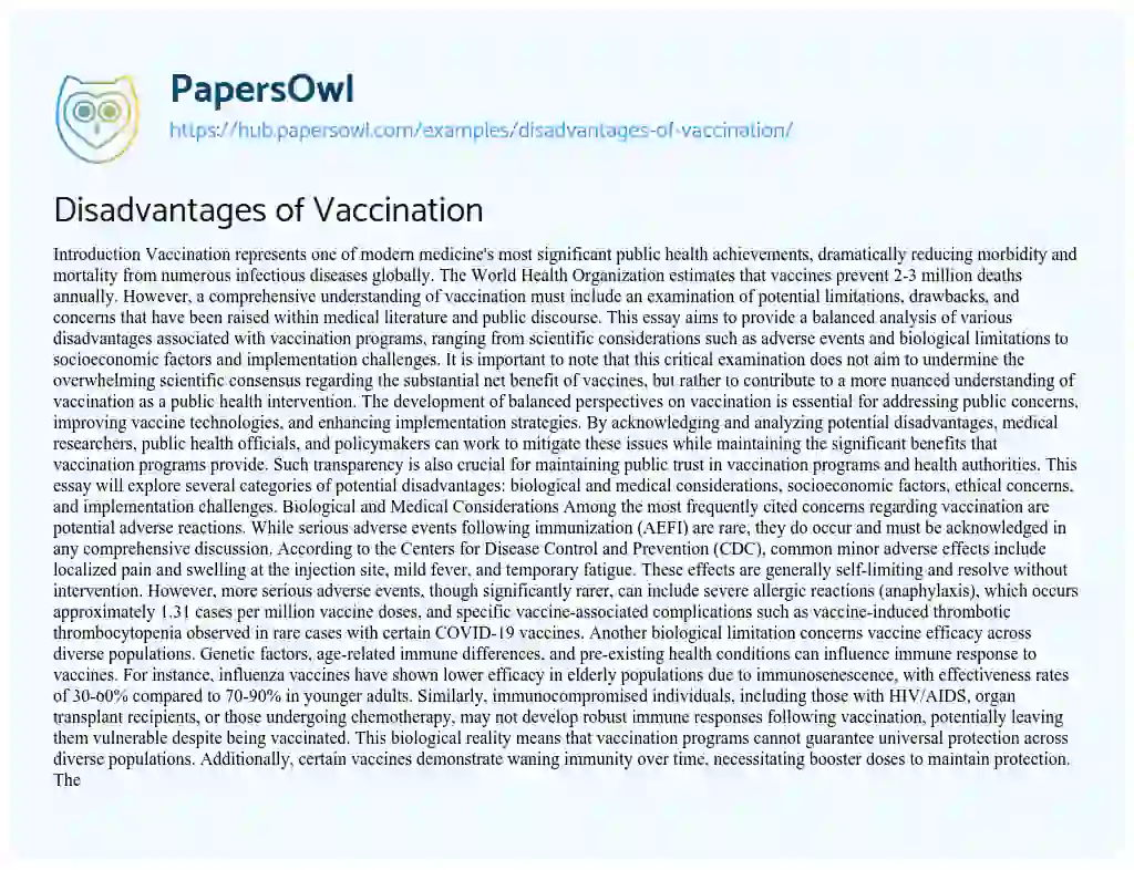 Essay on Disadvantages of Vaccination