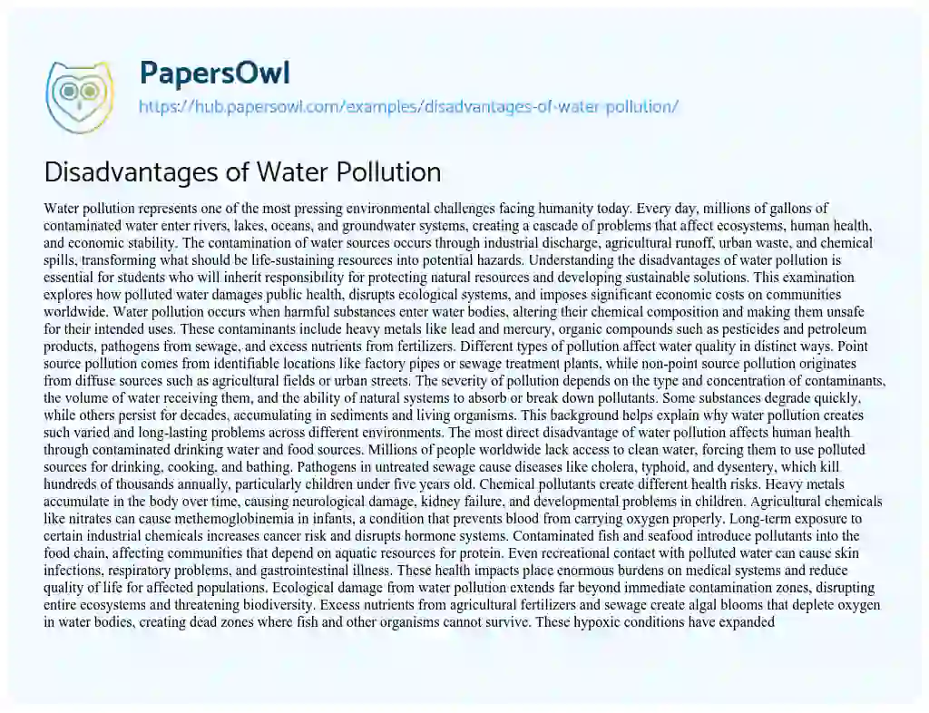 Essay on Disadvantages of Water Pollution