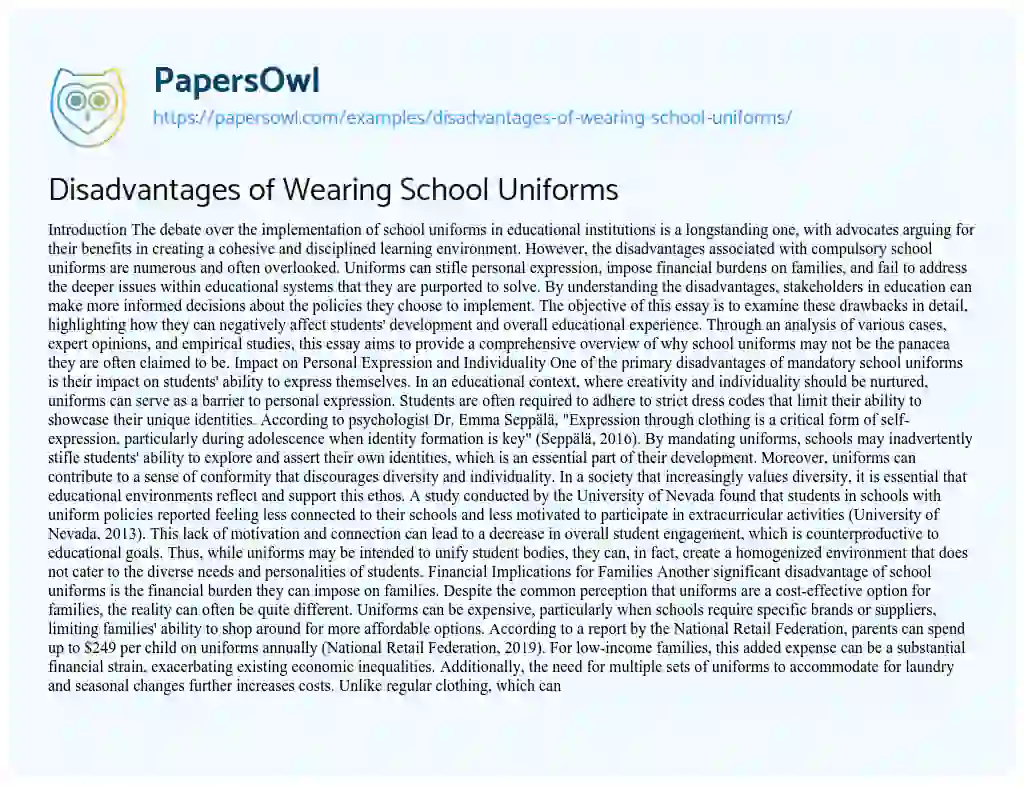 Essay on Disadvantages of Wearing School Uniforms
