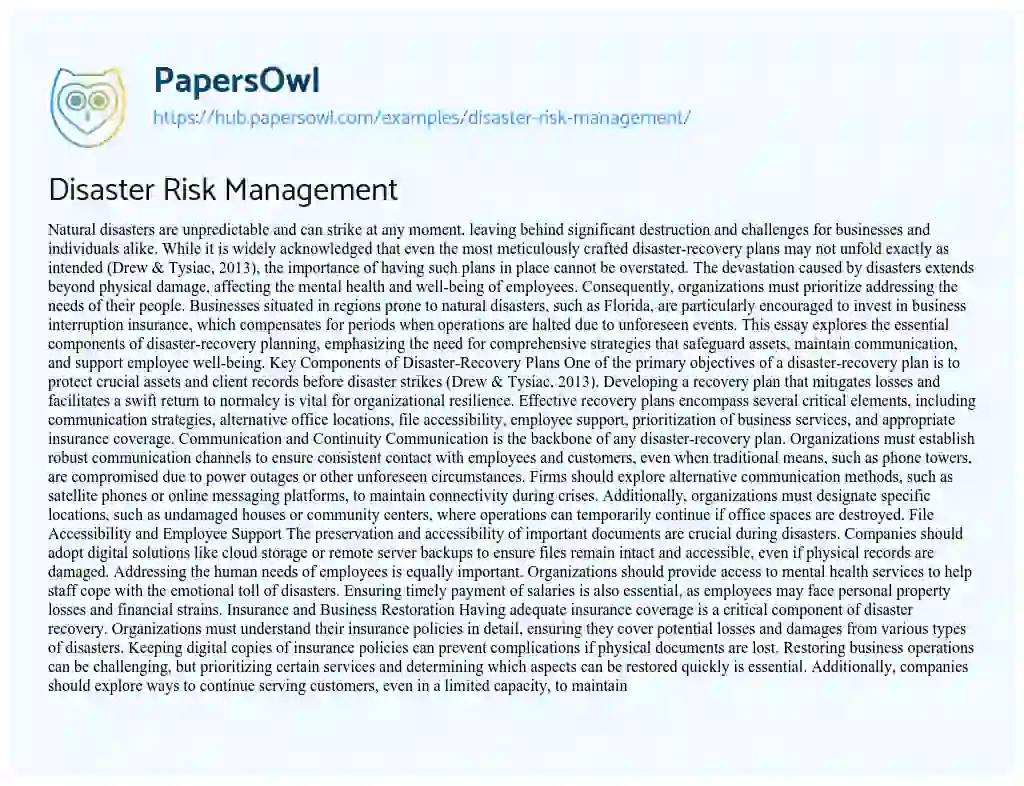 Essay on Disaster Risk Management