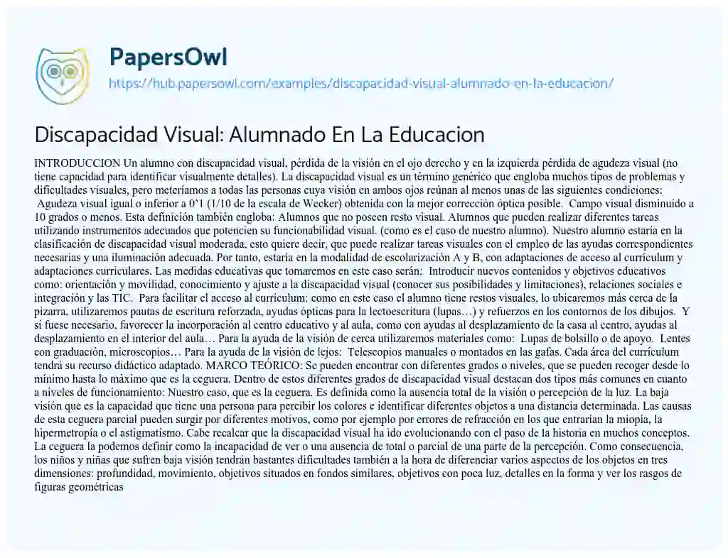 Essay on Discapacidad Visual: Alumnado En La Educacion