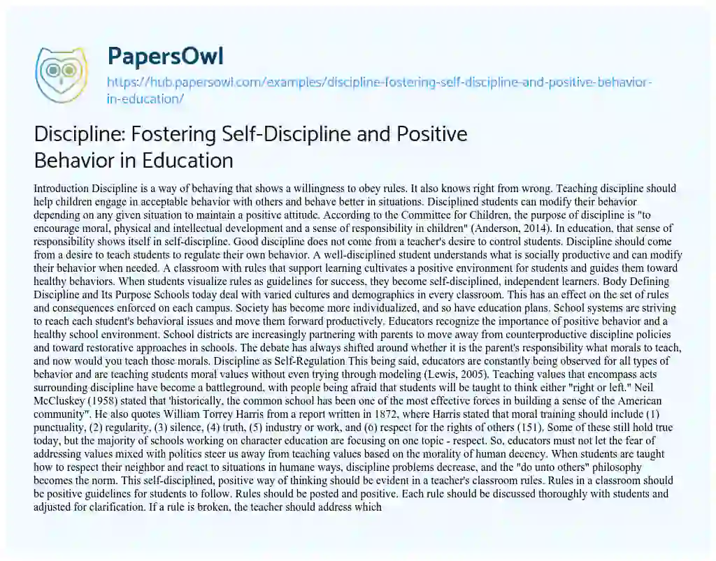 Essay on Discipline: Fostering Self-Discipline and Positive Behavior in Education
