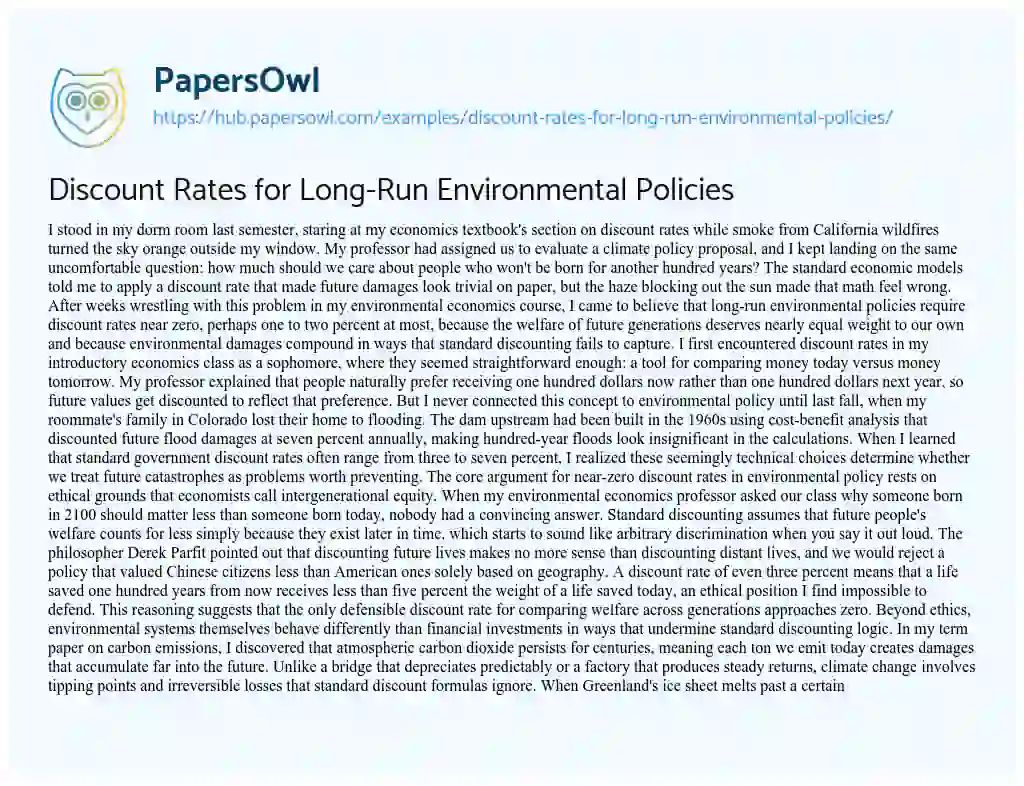 Essay on Discount Rates for Long-Run Environmental Policies