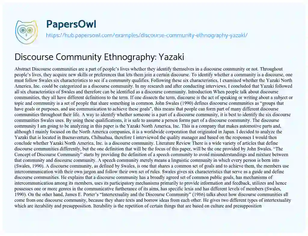 Essay on Discourse Community Ethnography: Yazaki