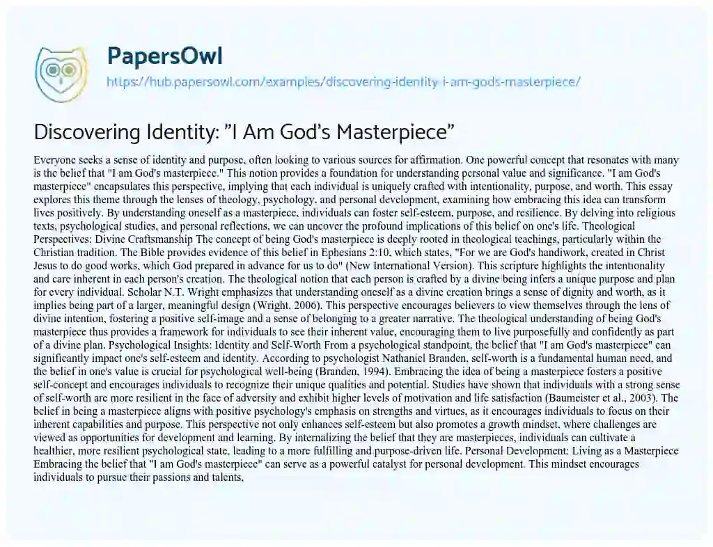 Essay on Discovering Identity: “I Am God’s Masterpiece”