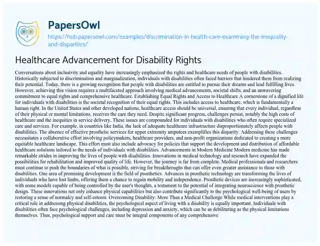 Essay on Healthcare Advancement for Disability Rights