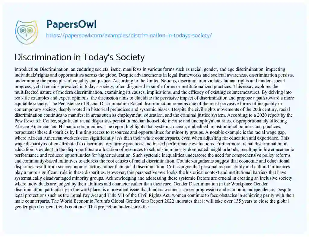 Essay on Discrimination in Today’s Society