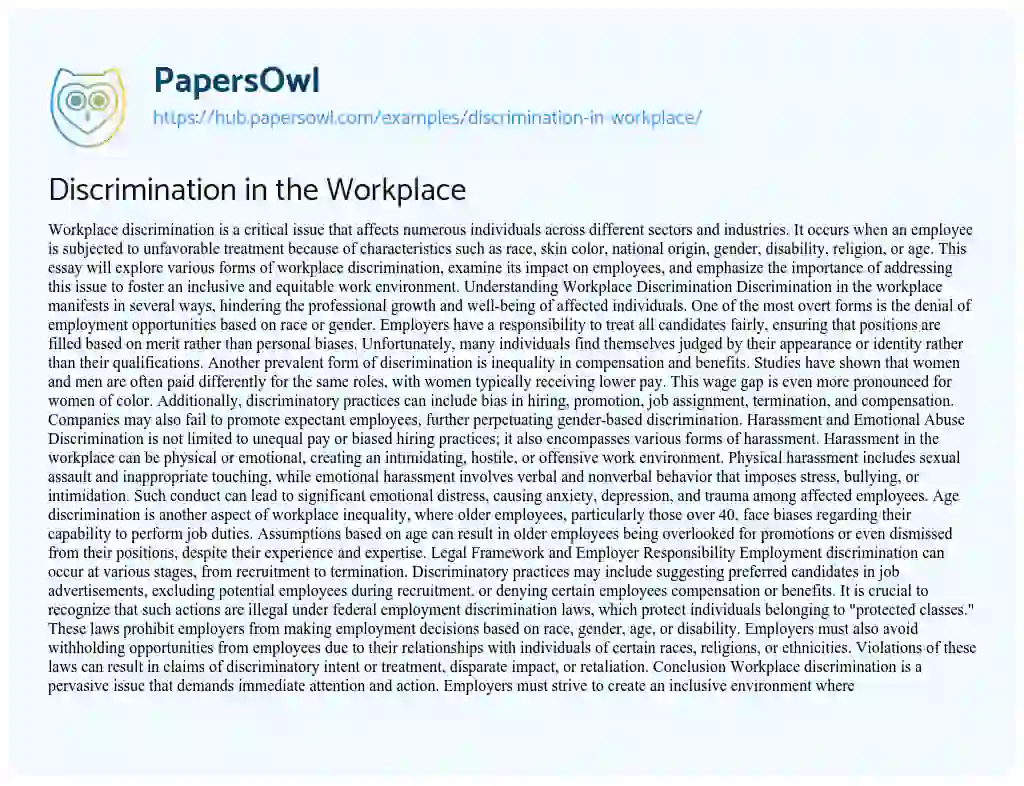Essay on Discrimination in the Workplace