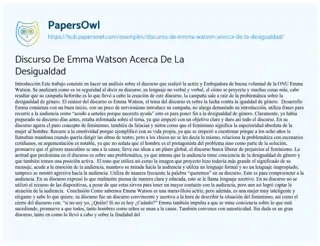 Essay on Discurso De Emma Watson Acerca De La Desigualdad