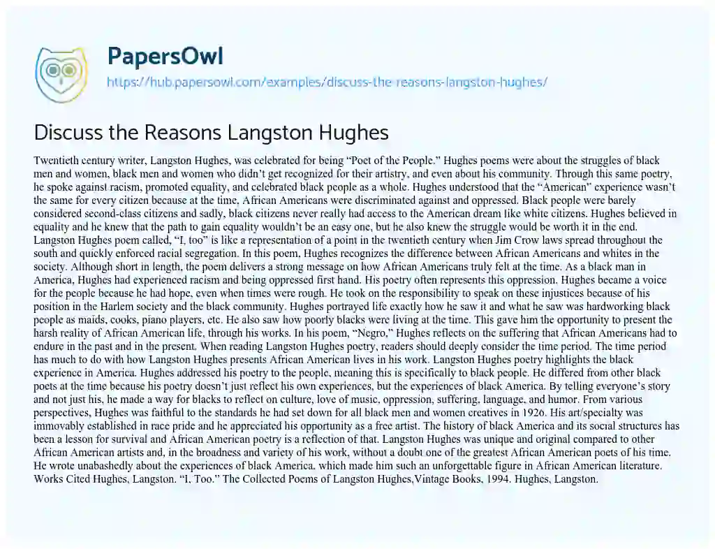 Essay on Discuss the Reasons Langston Hughes