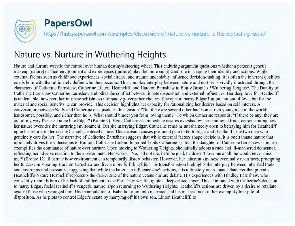 Essay on Nature vs. Nurture in Wuthering Heights