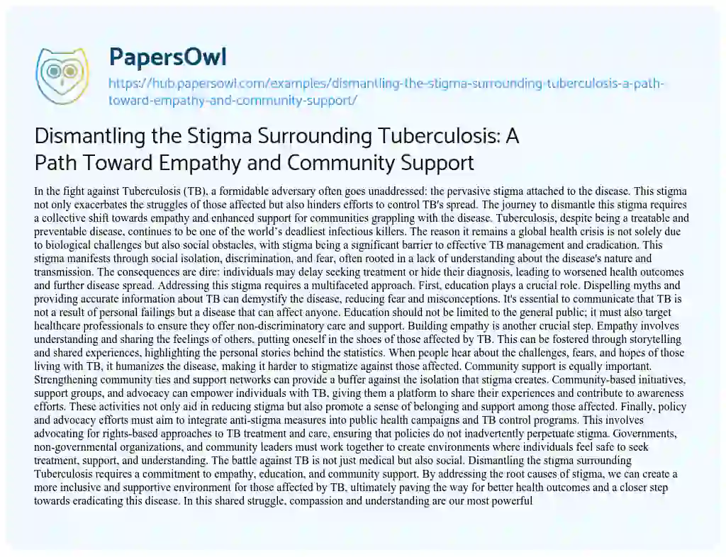 Essay on Dismantling the Stigma Surrounding Tuberculosis: A Path Toward Empathy and Community Support