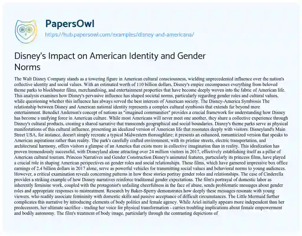 Essay on Disney’s Impact on American Identity and Gender Norms