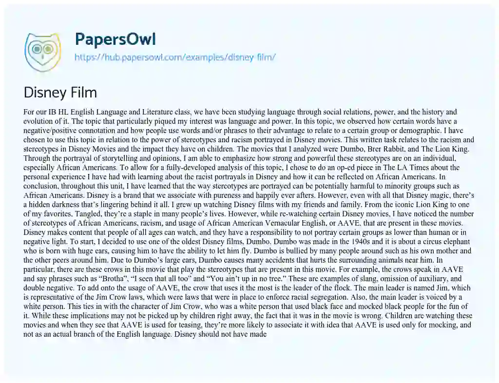 Essay on Disney Film