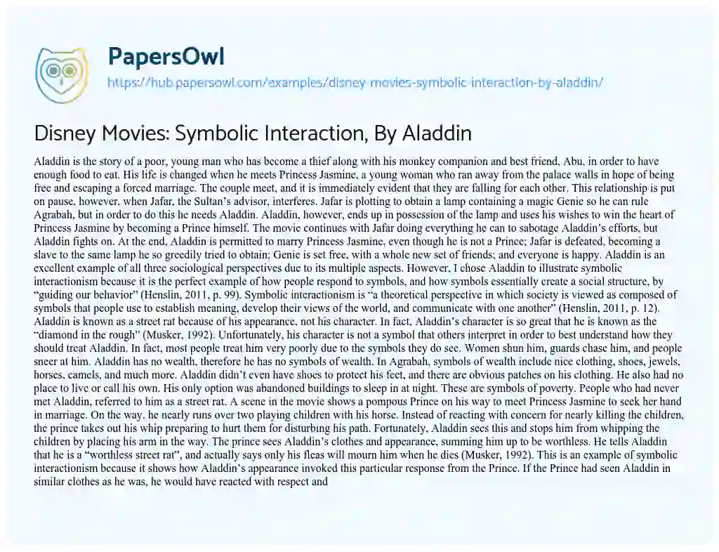 Essay on Disney Movies: Symbolic Interaction, By Aladdin