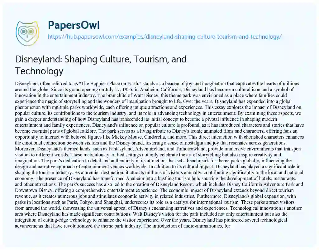 Essay on Disneyland: Shaping Culture, Tourism, and Technology