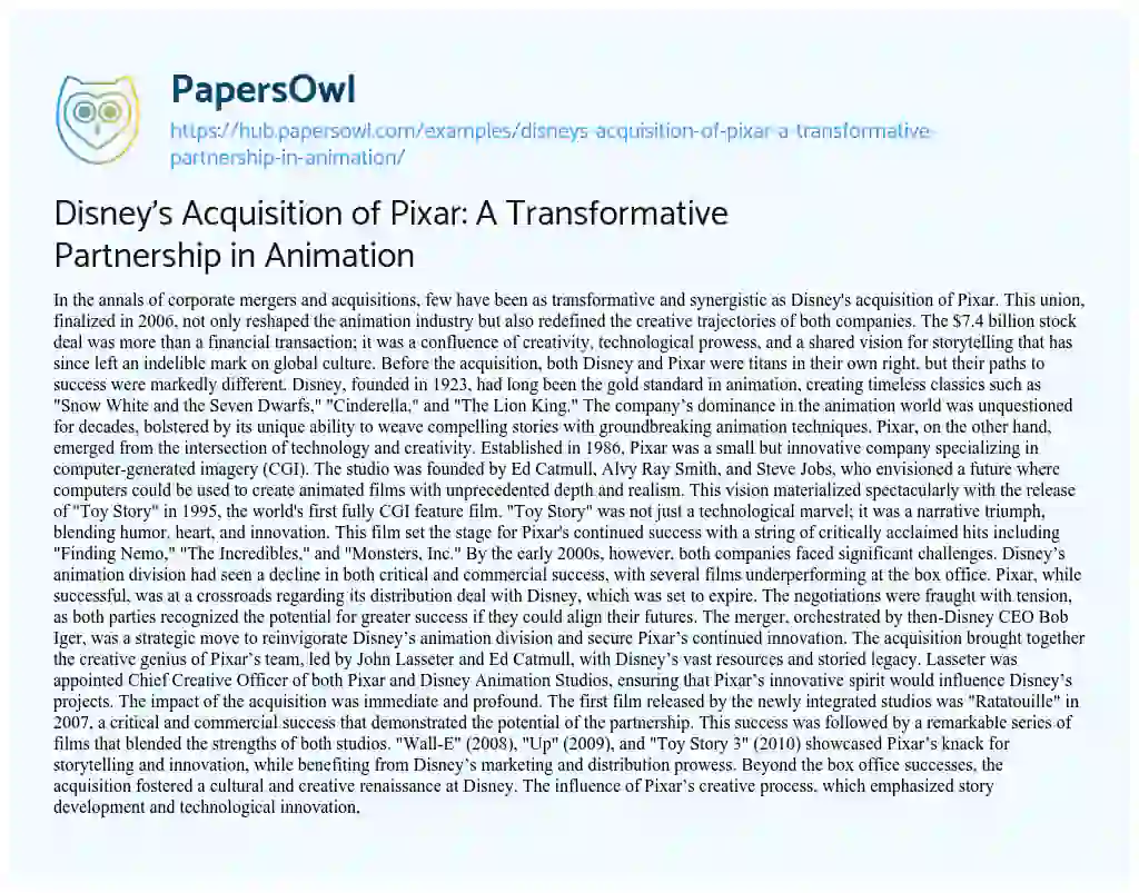Essay on Disney’s Acquisition of Pixar: A Transformative Partnership in Animation