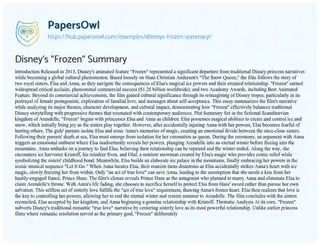 Essay on Disney’s “Frozen” Summary