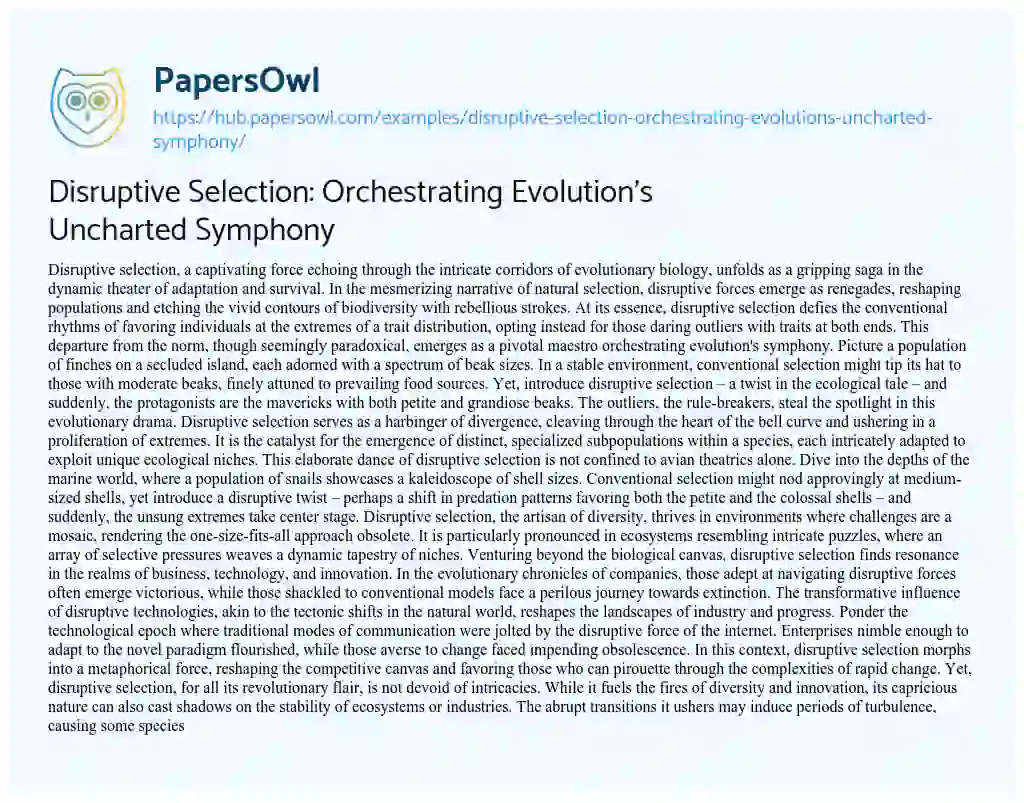 Essay on Disruptive Selection: Orchestrating Evolution’s Uncharted Symphony