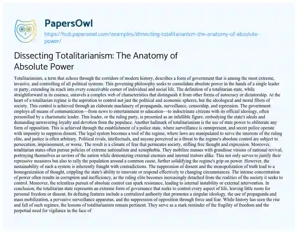 Essay on Dissecting Totalitarianism: The Anatomy of Absolute Power