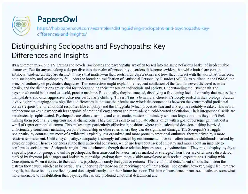 Essay on Distinguishing Sociopaths and Psychopaths: Key Differences and Insights